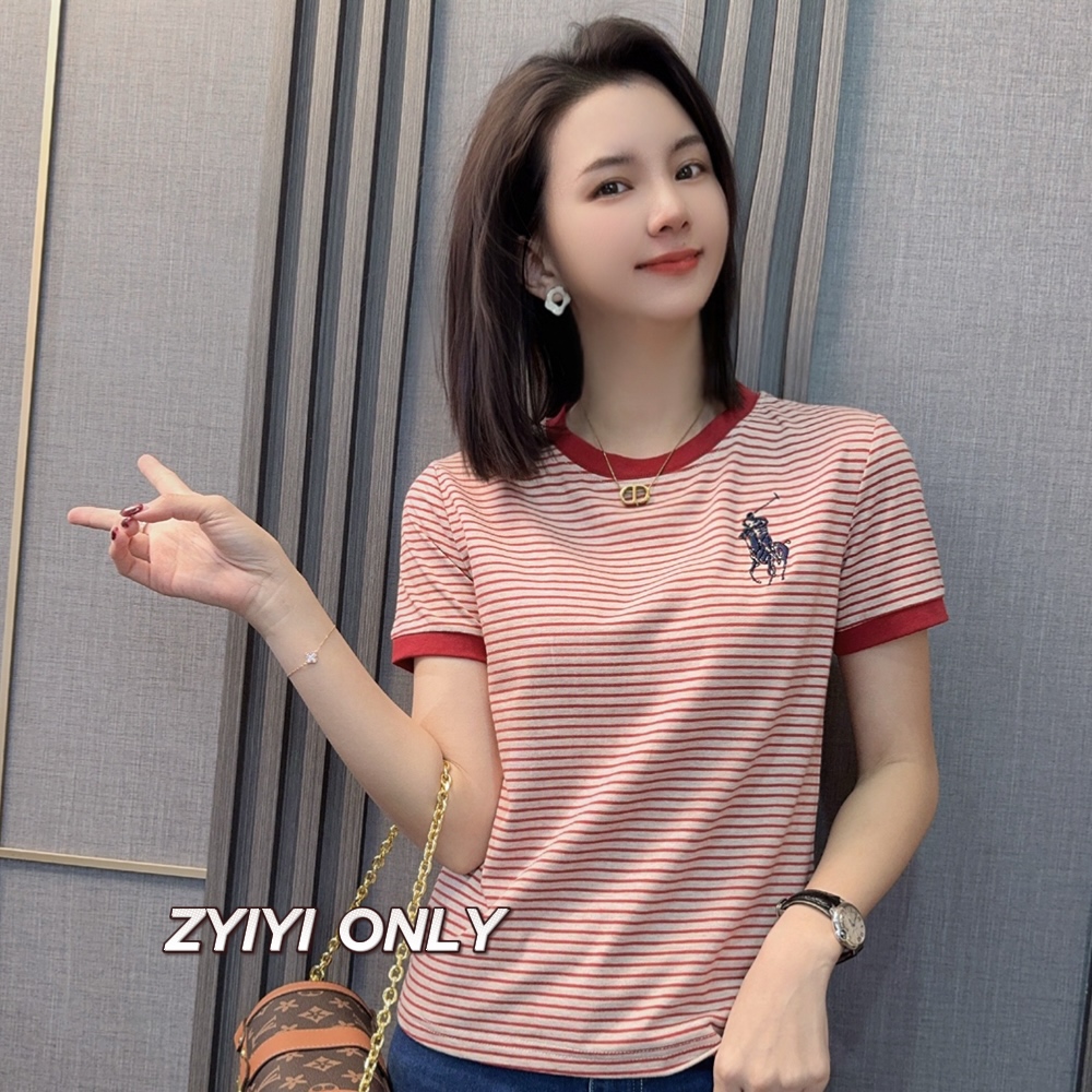 【骑士小马】2025夏季多巴胺条纹新款短袖T恤修身显瘦上衣女