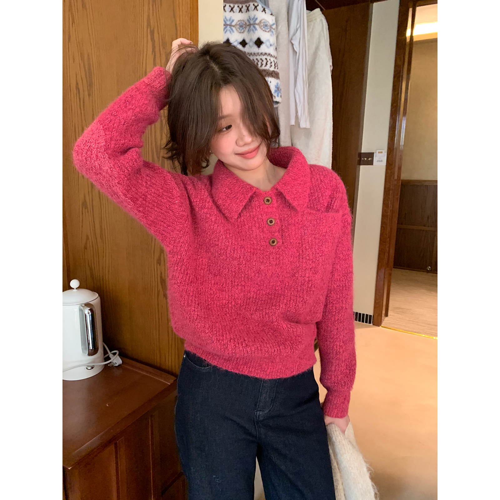 【西西里安】 首尔日志~韩版秋冬慵懒风花纱粗针编织翻领毛衣