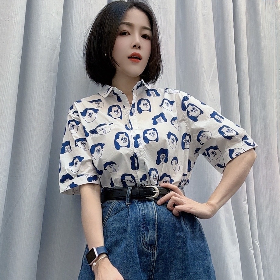 欧若风 卡通印花棉衬衫女2025夏款休闲时尚减龄显瘦百搭短袖衬衣