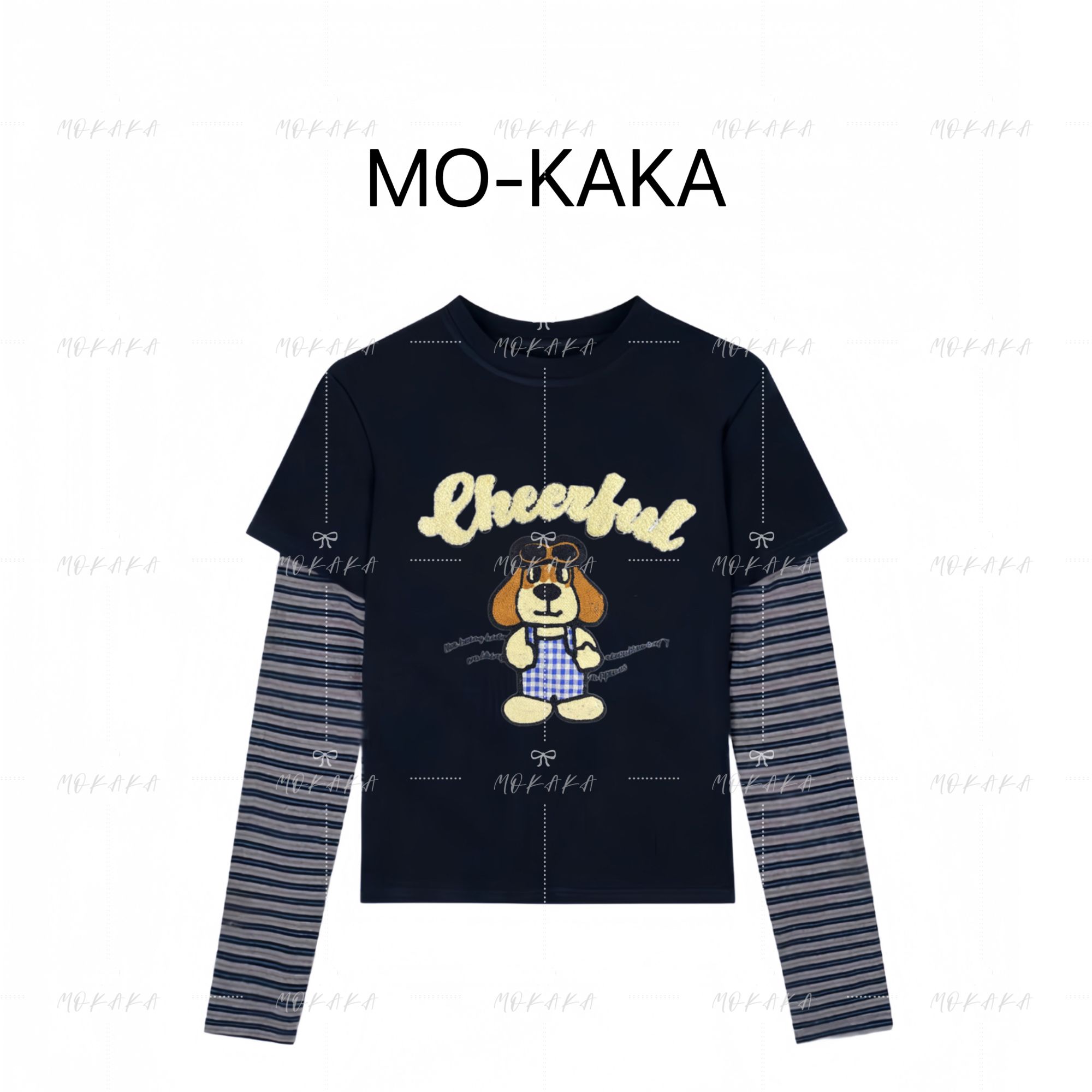 【萌宠小狗】2025新款小众设计百搭刺绣T恤打底衫条纹假两件上衣女