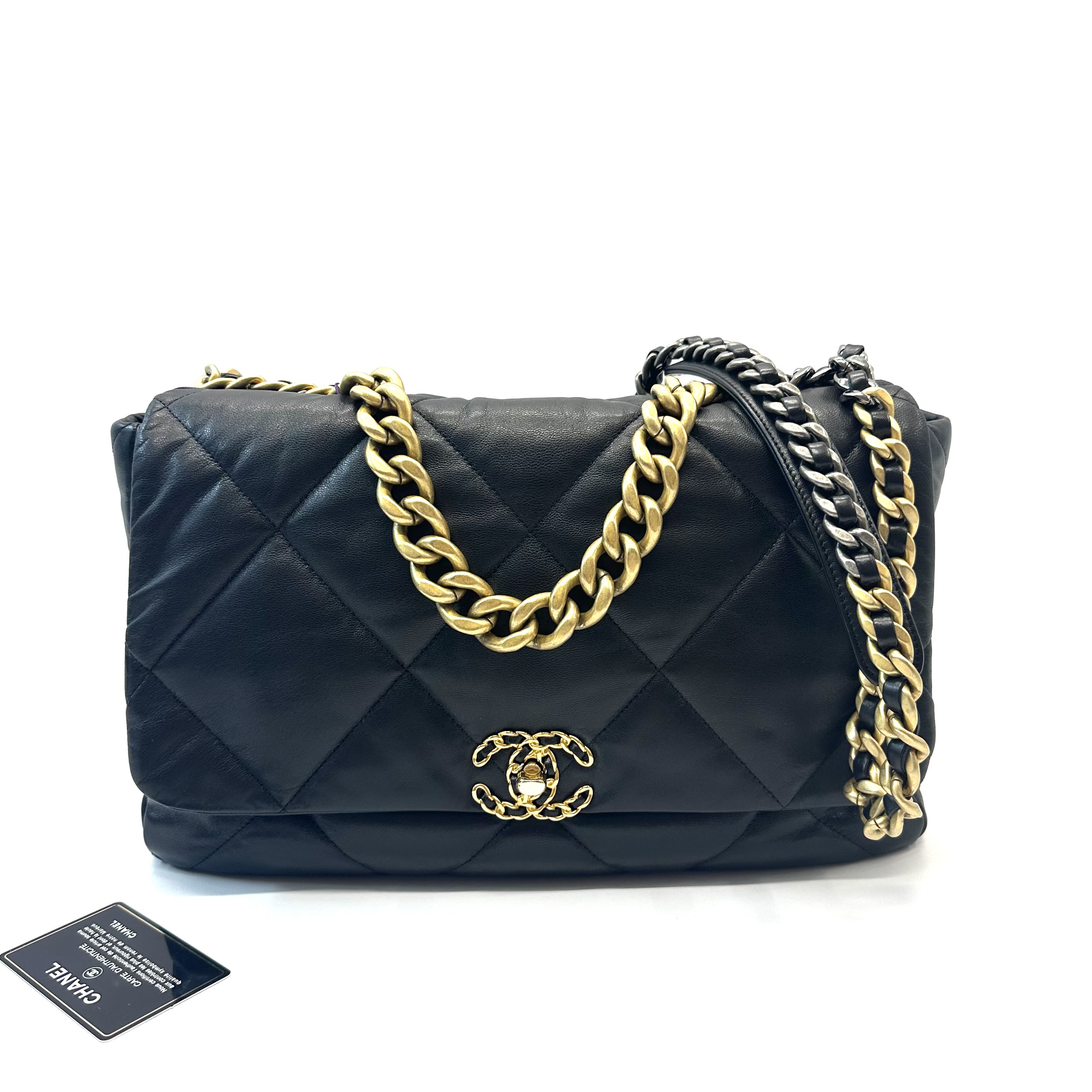 95新 Chanel/香奈儿 98新 19bag 黑金山羊皮手提单肩包 大号