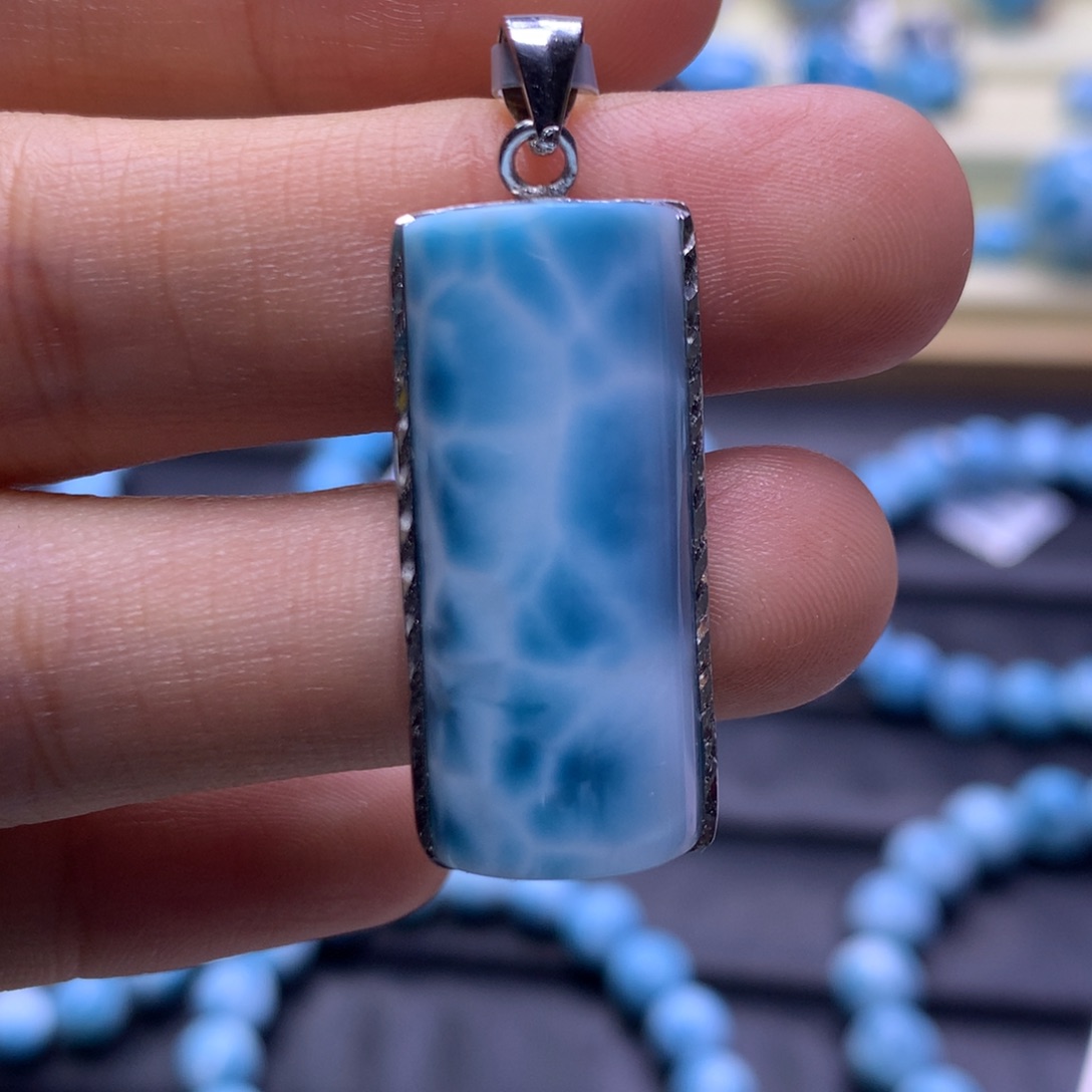 针钠钙石（海纹石）银S925镶嵌吊坠(不含链)无事牌吊坠色差略异