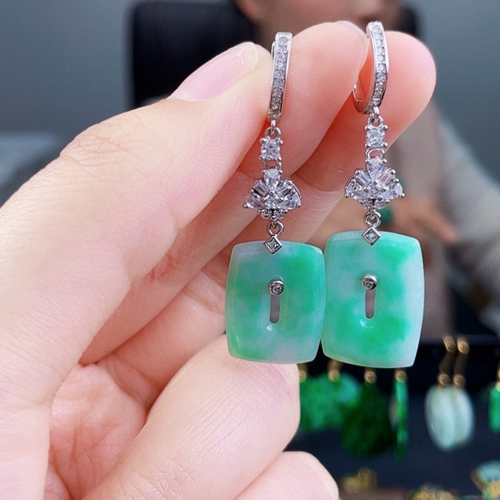 翡翠耳饰银S925镶嵌饰品