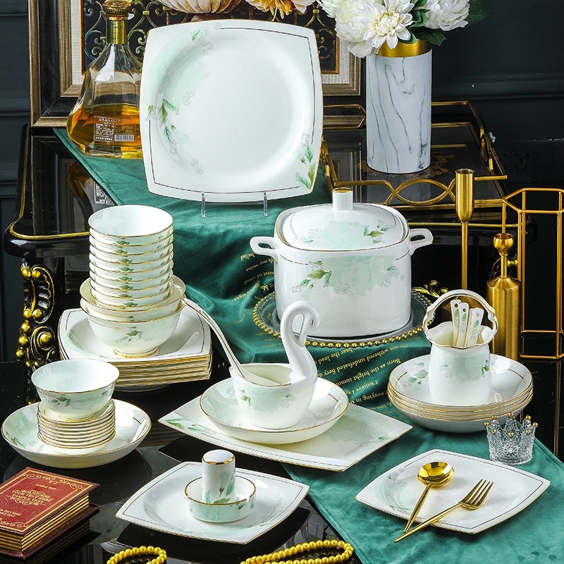 景德镇骨瓷金边碗碟家用碗盘乔迁轻奢碗中式陶瓷餐具简约