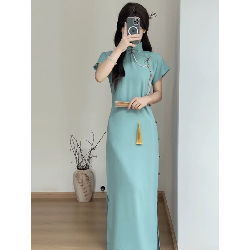 0303 湖蓝色 全开襟 红珠扣 【玉摇 偏大半个码】旗袍没有流苏