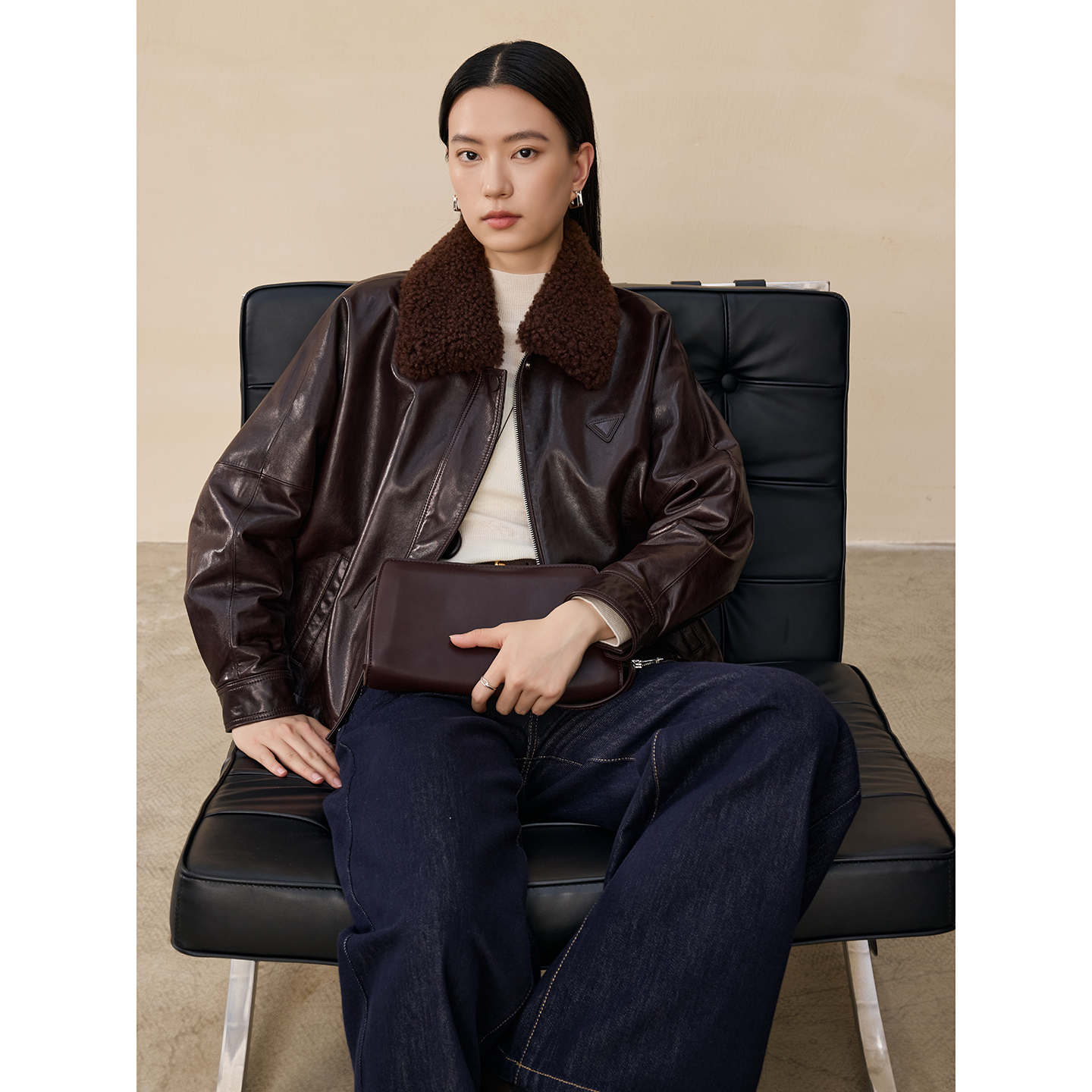 玛氏嘉敏 新品 复古时尚毛领羊皮羽绒服 白鹅绒皮衣外套 652291