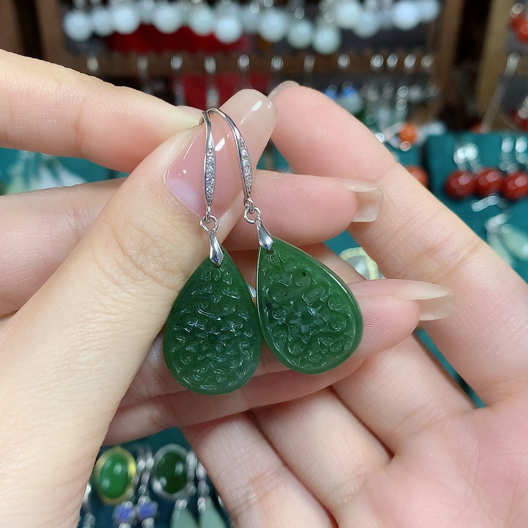 和田玉耳饰银S925镶嵌碧玉