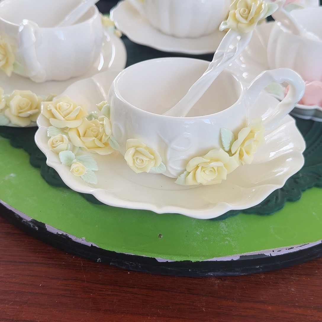 玫瑰花咖啡杯碟加勺子