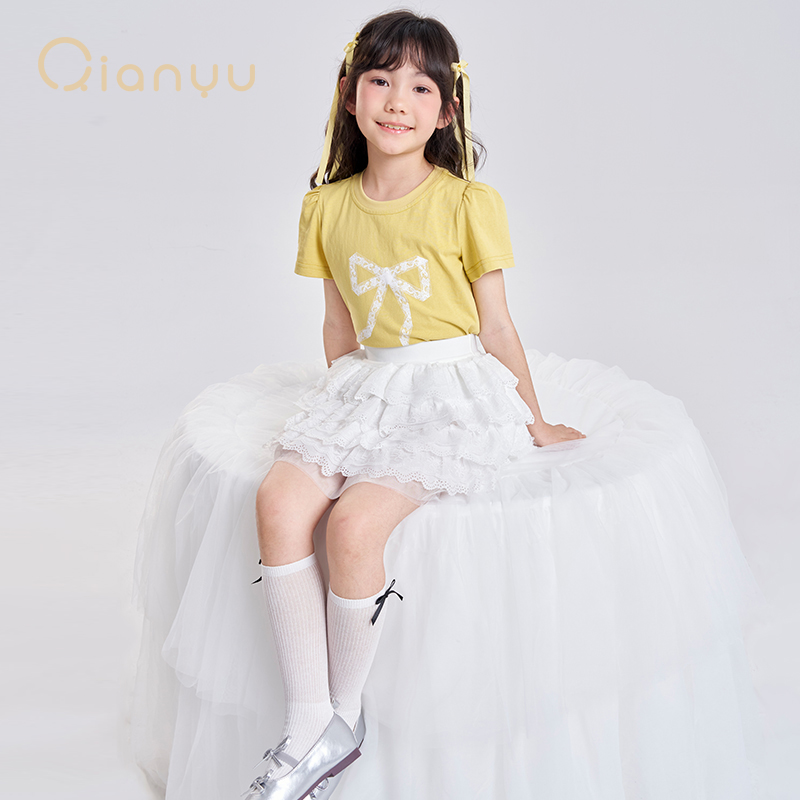 千与女童韩版t恤夏季甜美立体蝴蝶结网纱装饰T恤短袖Q32520409