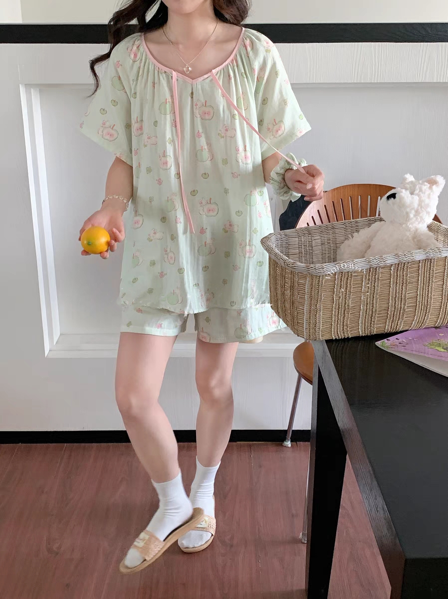 圆领套头套装 梭织精梳棉 纯棉双层纱 夏季薄款睡衣 亲肤家居服女