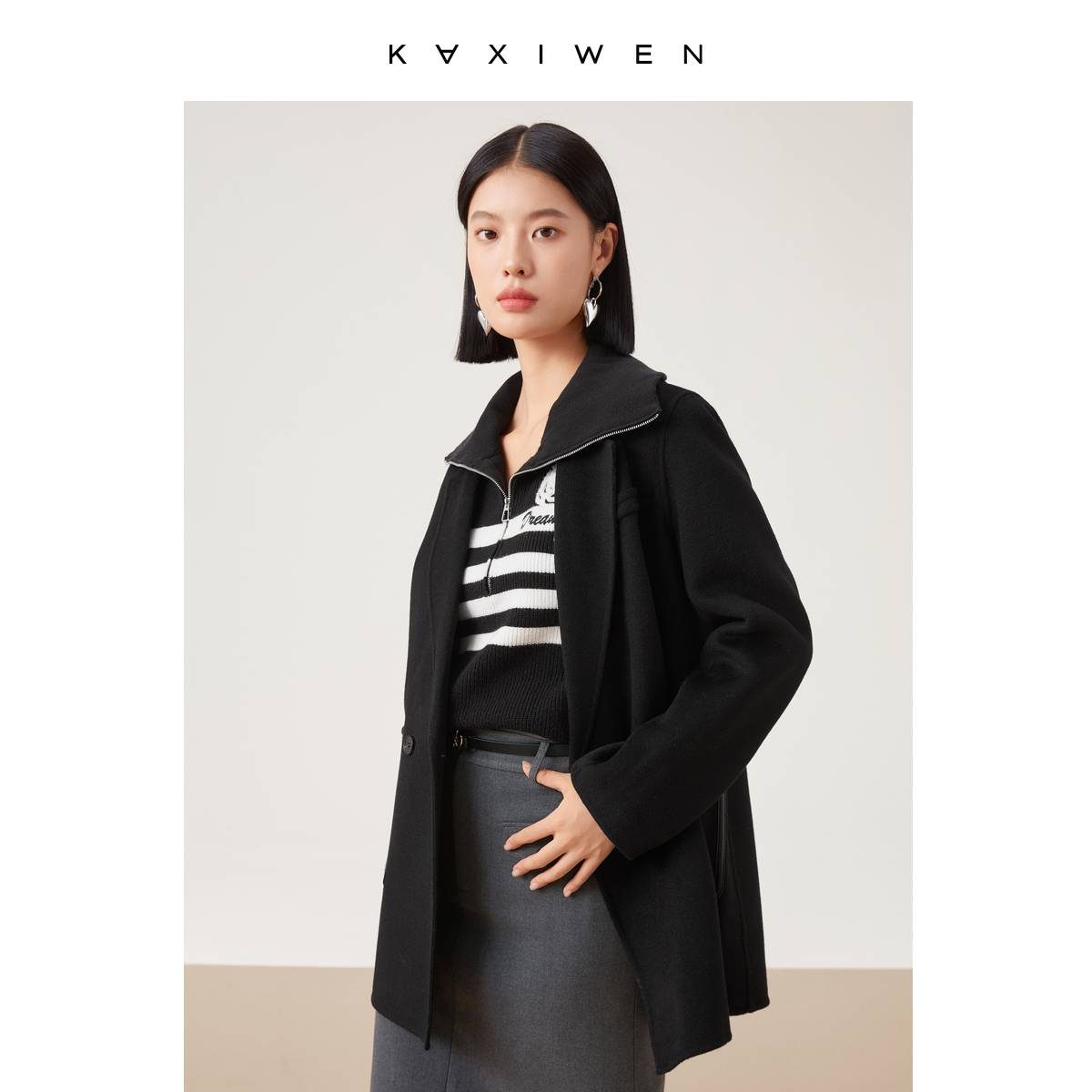 【达人专属】100%绵羊毛时尚logo装饰呢大衣X09BDE8662