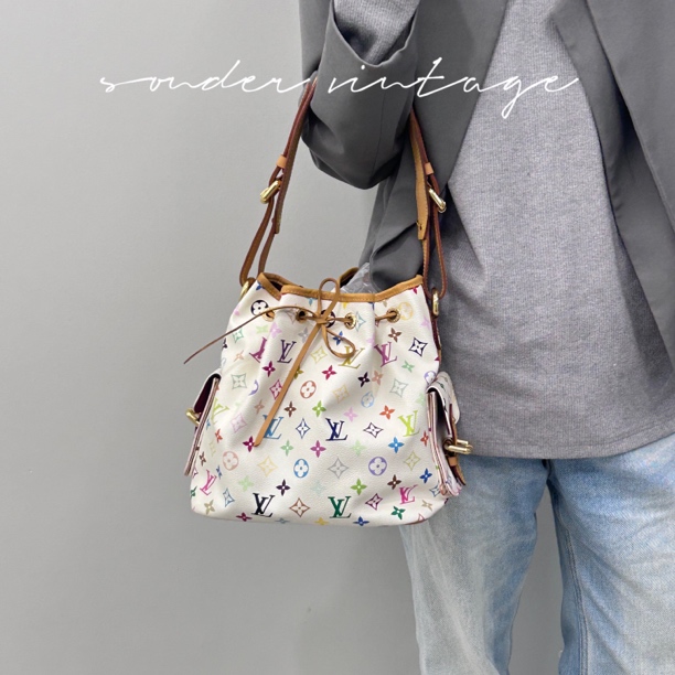 95新 LouisVuitton/路易威登 lv白三彩单肩包水桶包