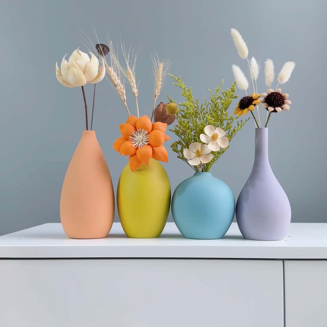 瓷片陶瓷小花瓶套装含花总高约20-30cm