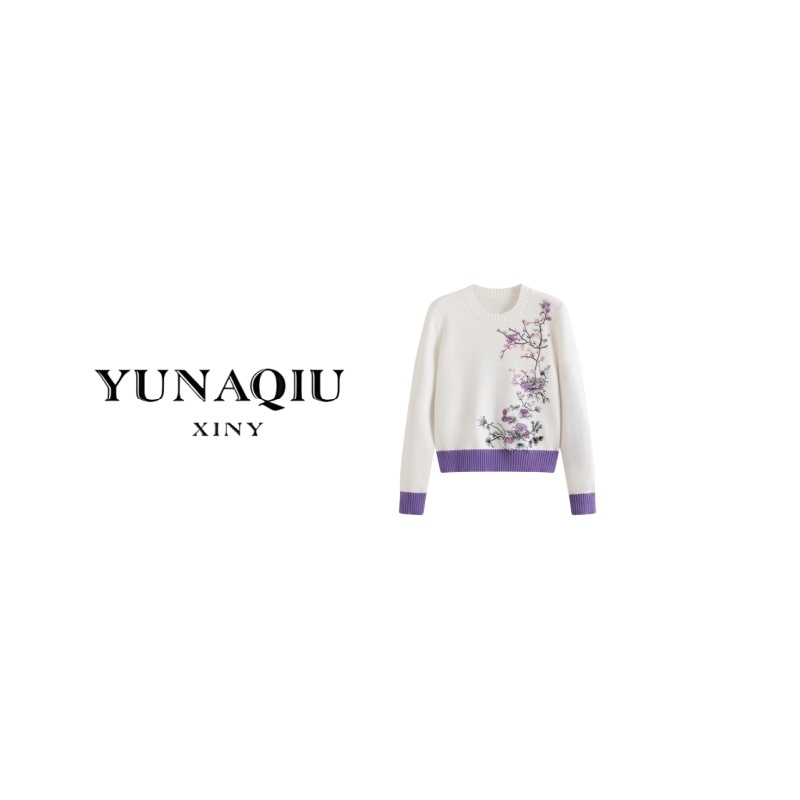YUNAQIU-圆领春季提花长袖刺绣宽松型毛衣套衫女装毛针织衫-9634