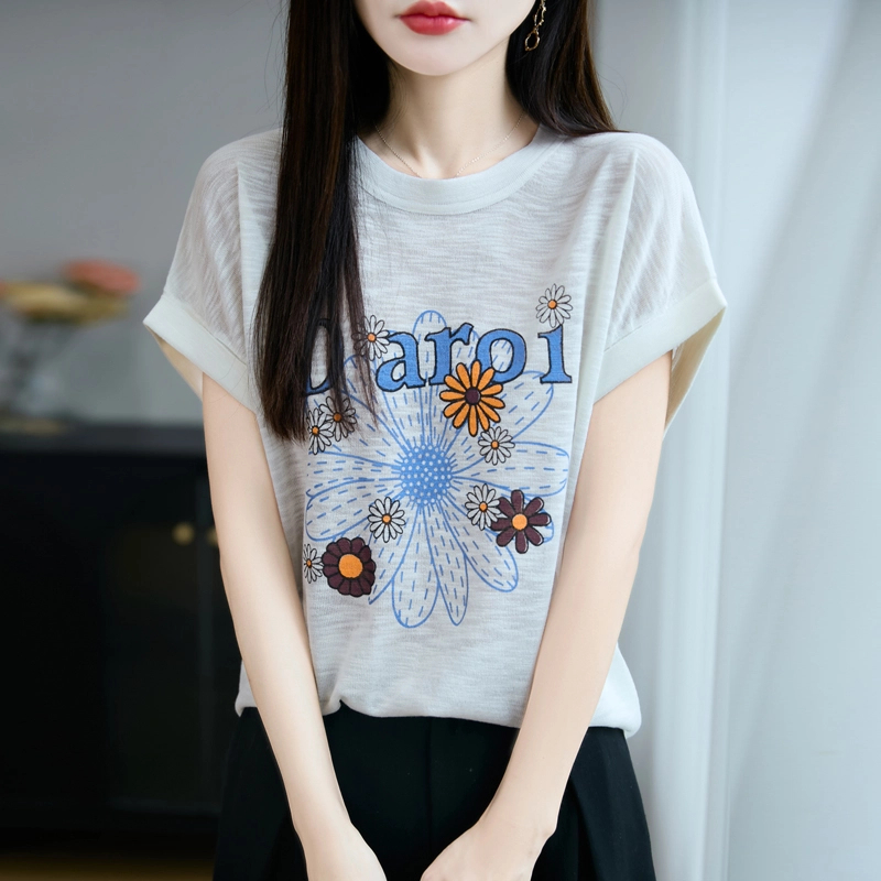 570-竹节麻圆领小雏菊针织短袖T恤女飞袖半袖打底衫百搭套头上衣