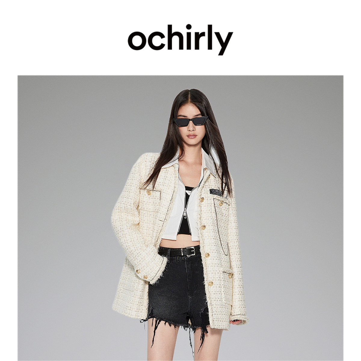 OCHIRLY欧时力 金丝纱小香风外套女2024新款秋装手钉链织带中长款