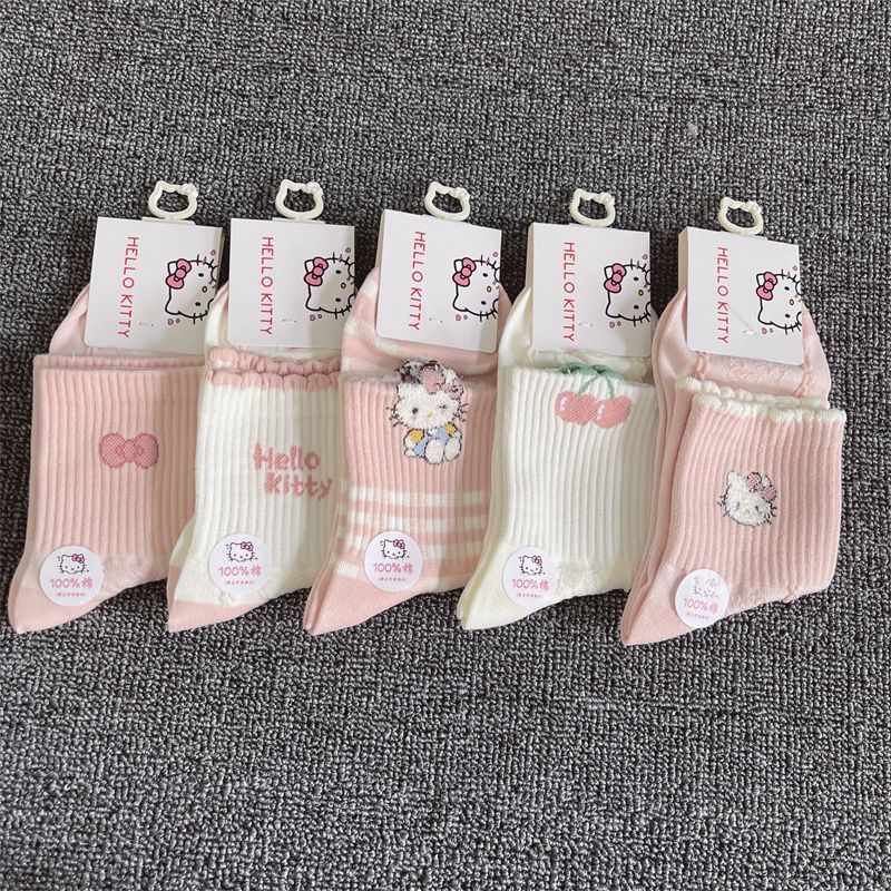 日系可爱卡通格子泡泡花边hellokitty中筒袜少女甜美学院风春秋