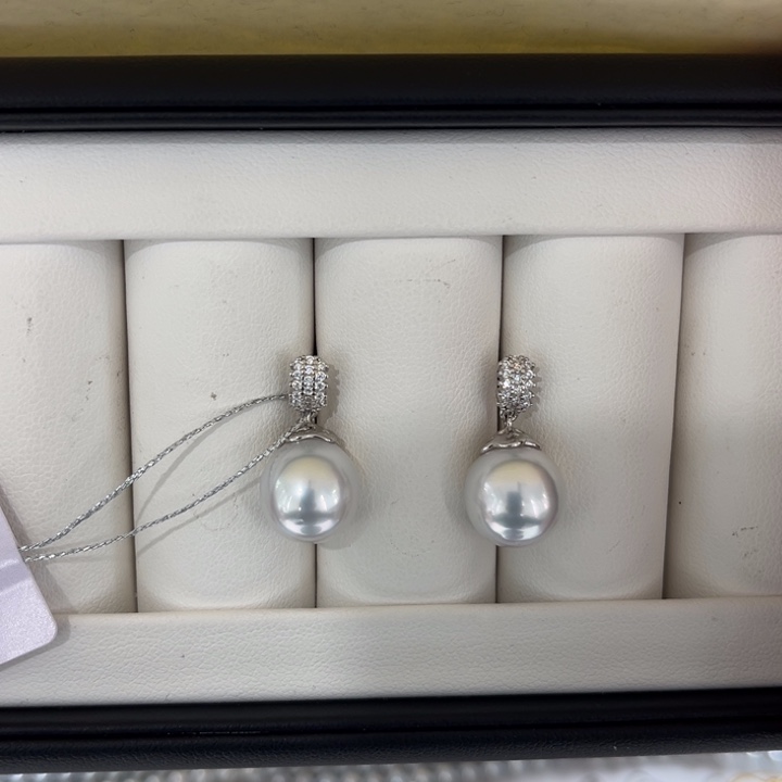 海水珍珠上新澳白三排锆耳坠10-11mm银S925镶嵌