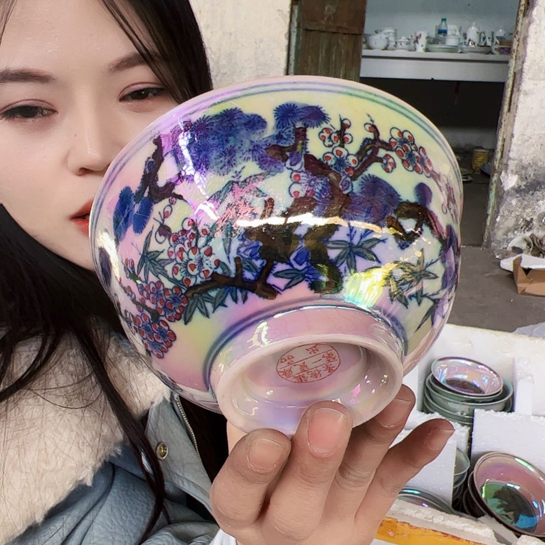 摆件瓷景德镇红xixi蛤蜊岁寒三友碗