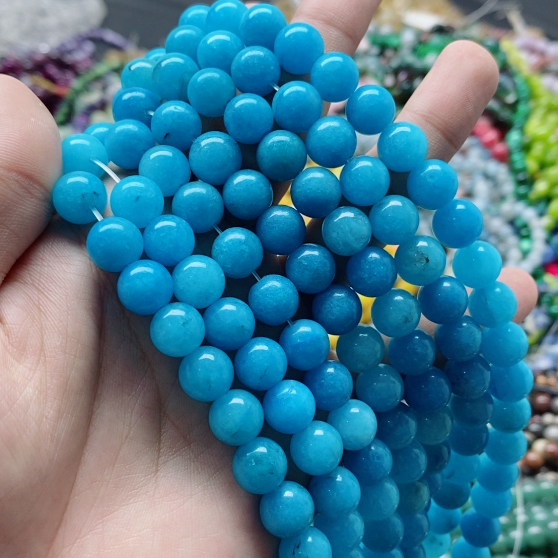 玛瑙/玉髓未镶嵌珠宝半成品一条天然10mm蓝玉髓圆珠A63