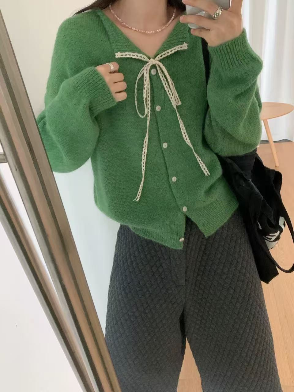 温柔风蕾丝系带蝴蝶结针织开衫女2025早秋新款宽松慵懒毛衣上衣潮