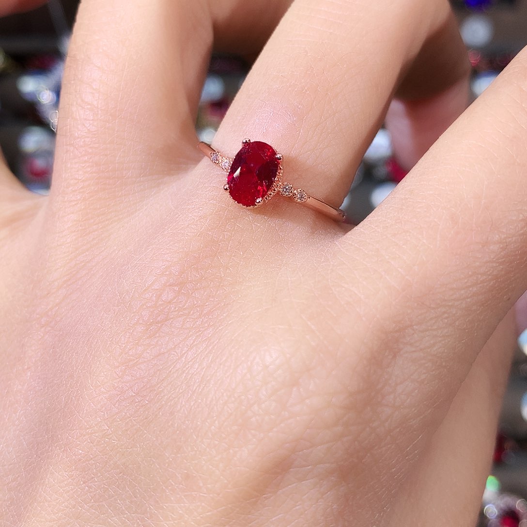 银S925镶嵌戒指红宝石玫瑰金酒红57
