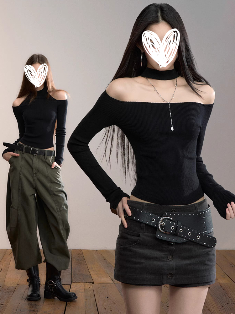 法式纯欲设计感正反两穿小高领露肩毛织打底T恤女装秋冬修身上衣