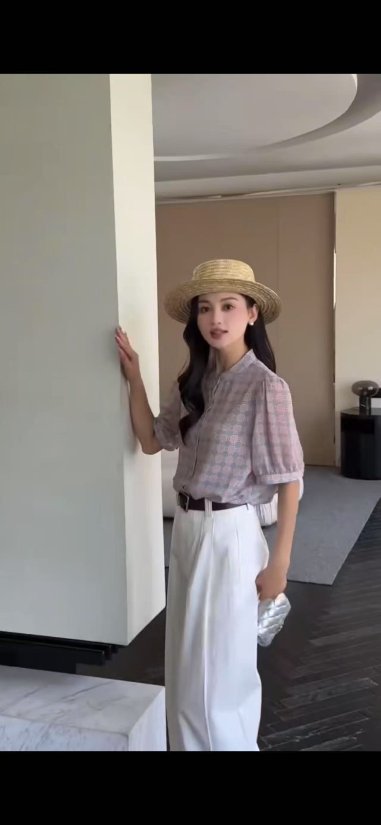 95566粉色短袖衬衫女士时尚穿搭上衣