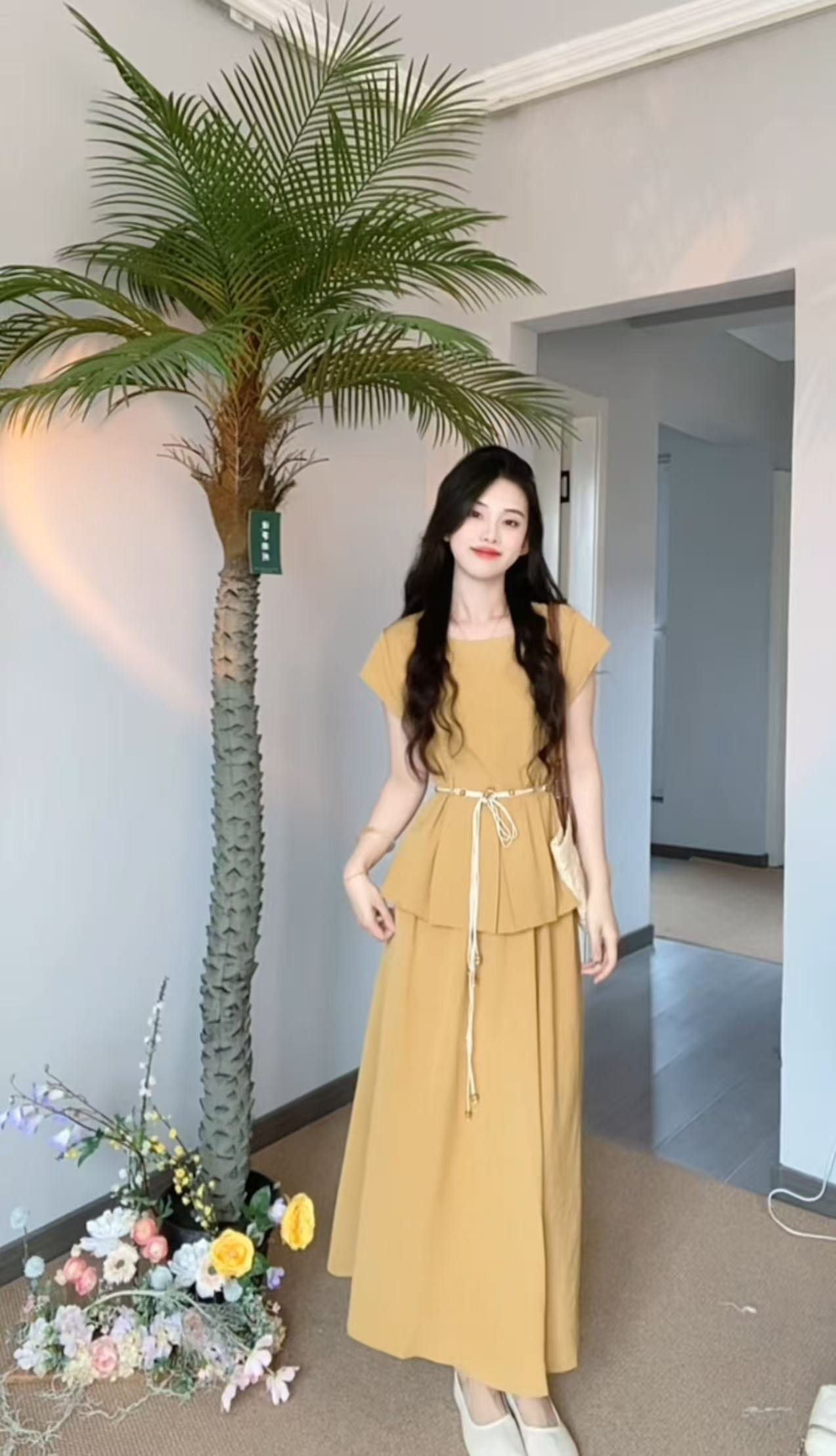 AN.XIN【加州女孩】韩系一套穿搭～不规则绑带上衣+半身裙3309