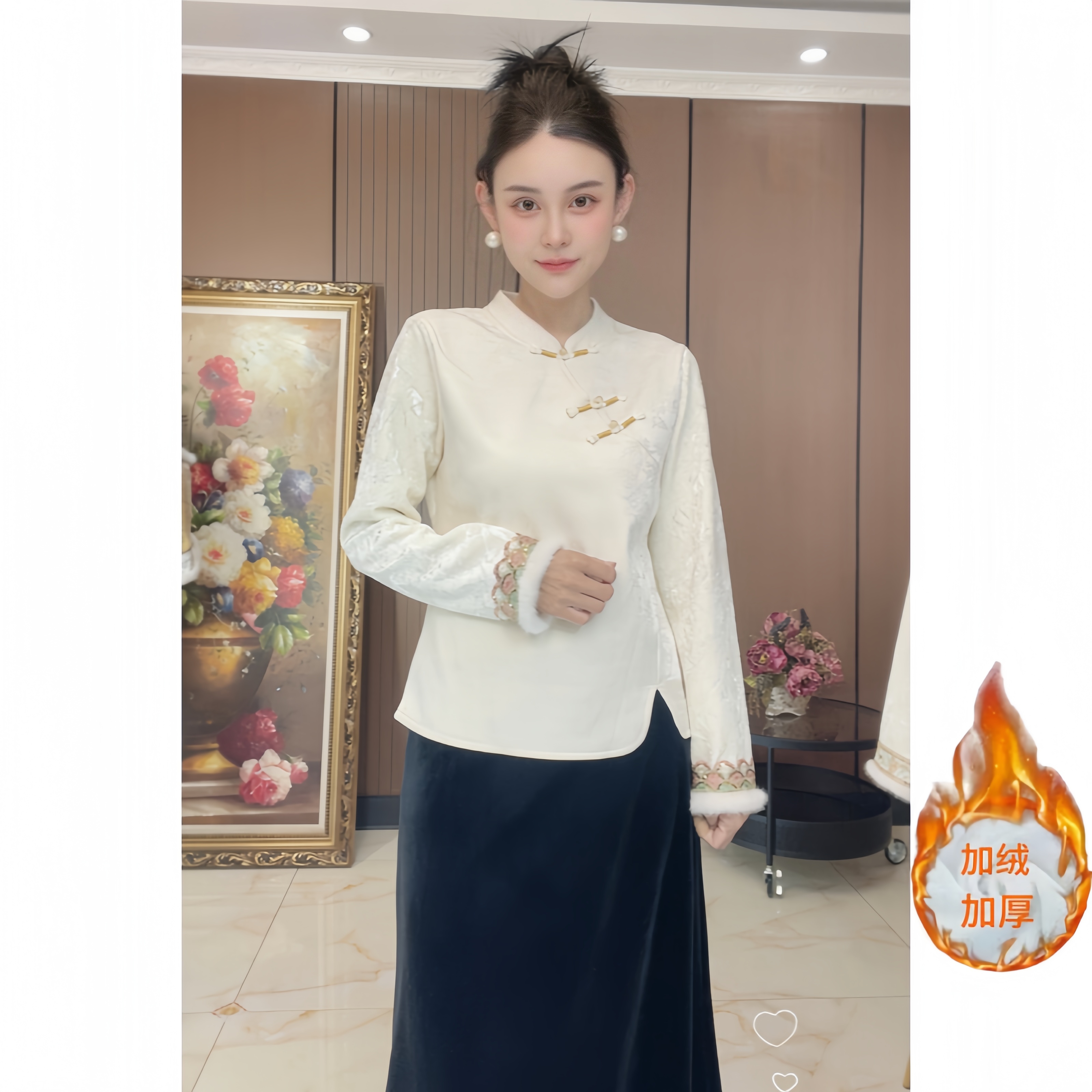 【汀溪】冬季新款中式加绒加厚提花高定精致亮片花边水貂毛百搭上衣