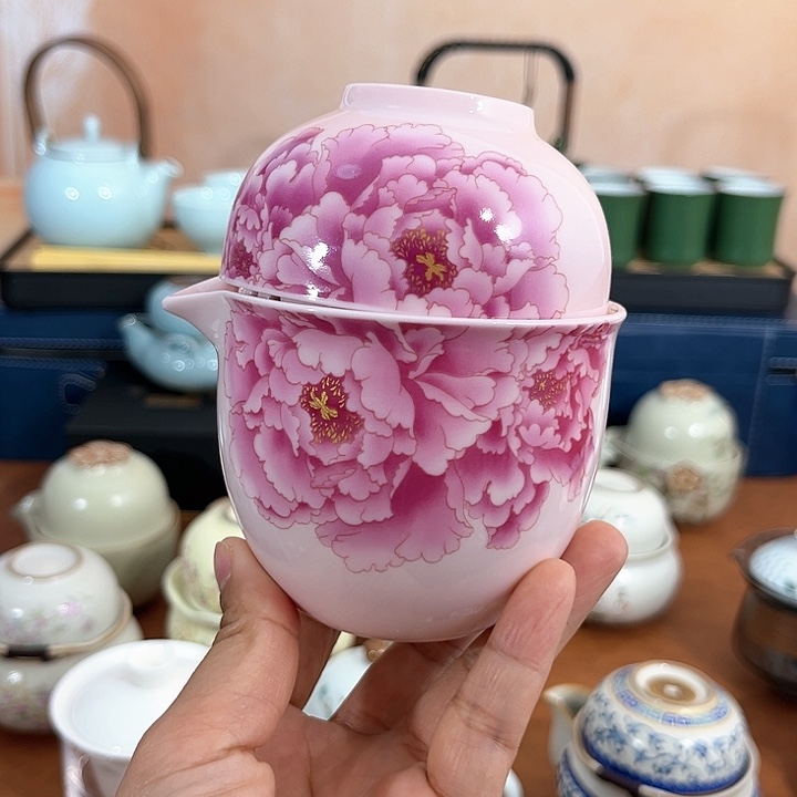 粉色牡丹一壶三杯旅行茶具