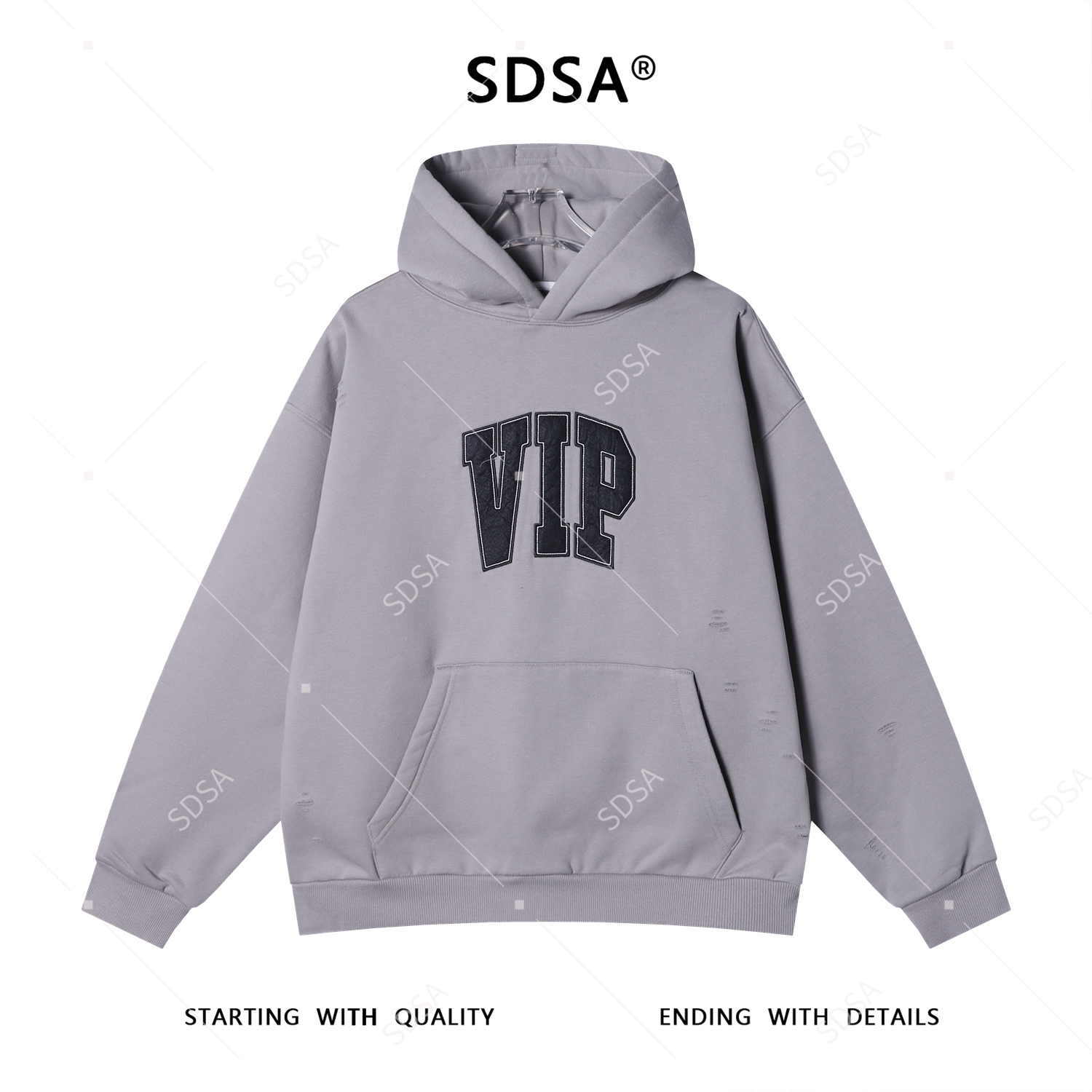 SDSA男士秋冬新款痞帅男装潮牌撞色刺绣字母磨破连帽卫衣百搭时尚