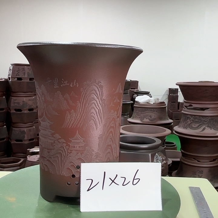 紫砂花盆刻绘千里江山