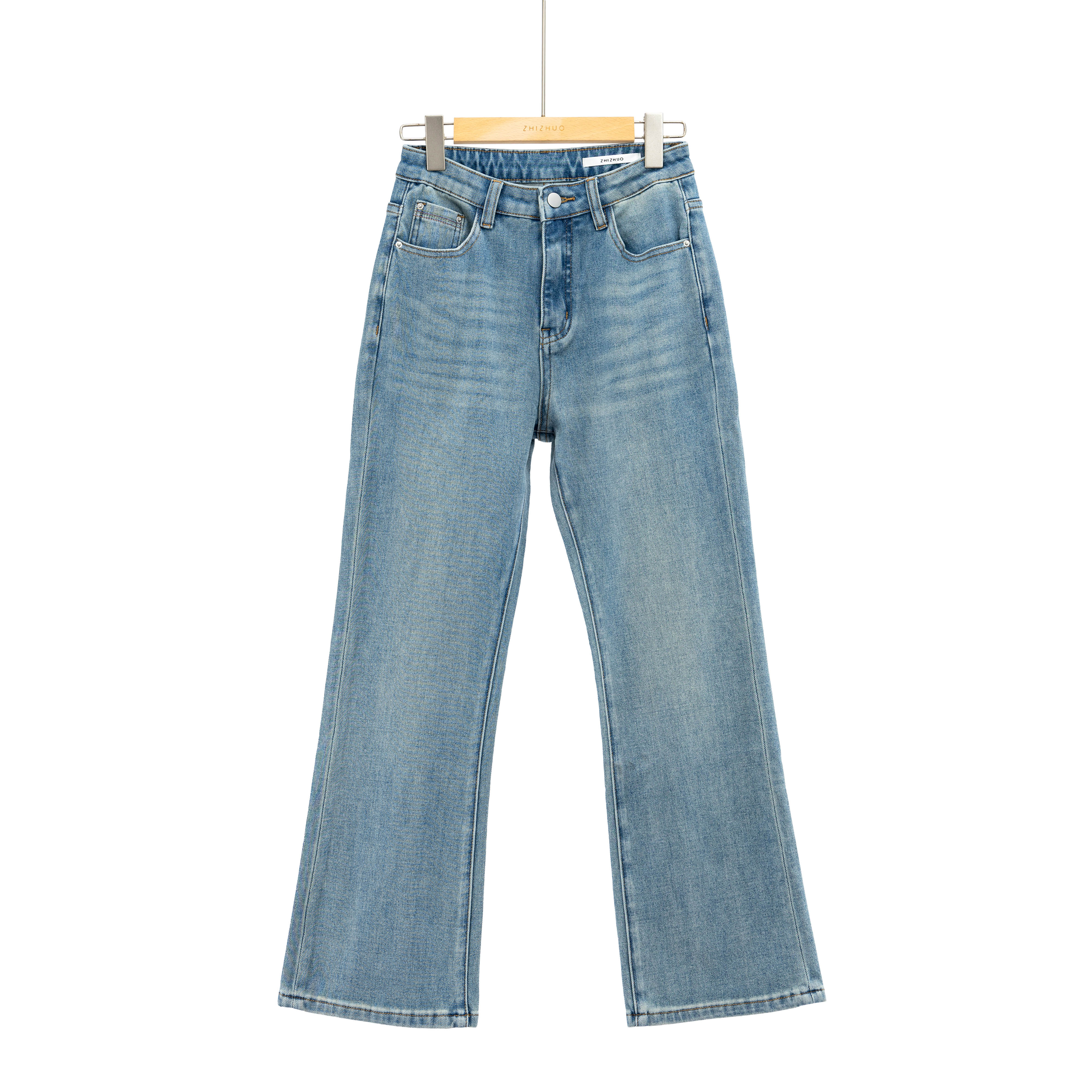 碧海晴空 高腰修身弹力百搭小微喇九分牛仔裤