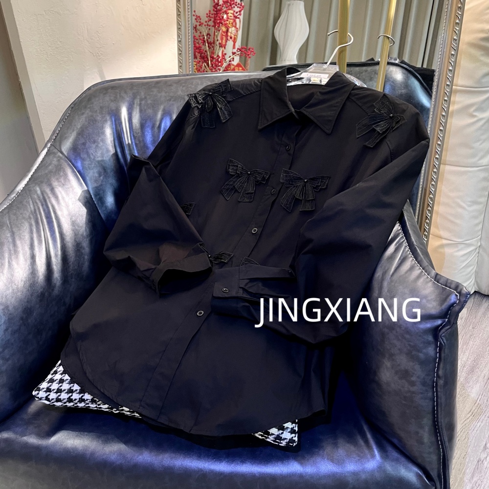 AOSER小众时尚百搭秋季女士韩版纯色蝴蝶结长袖衬衫女装9077