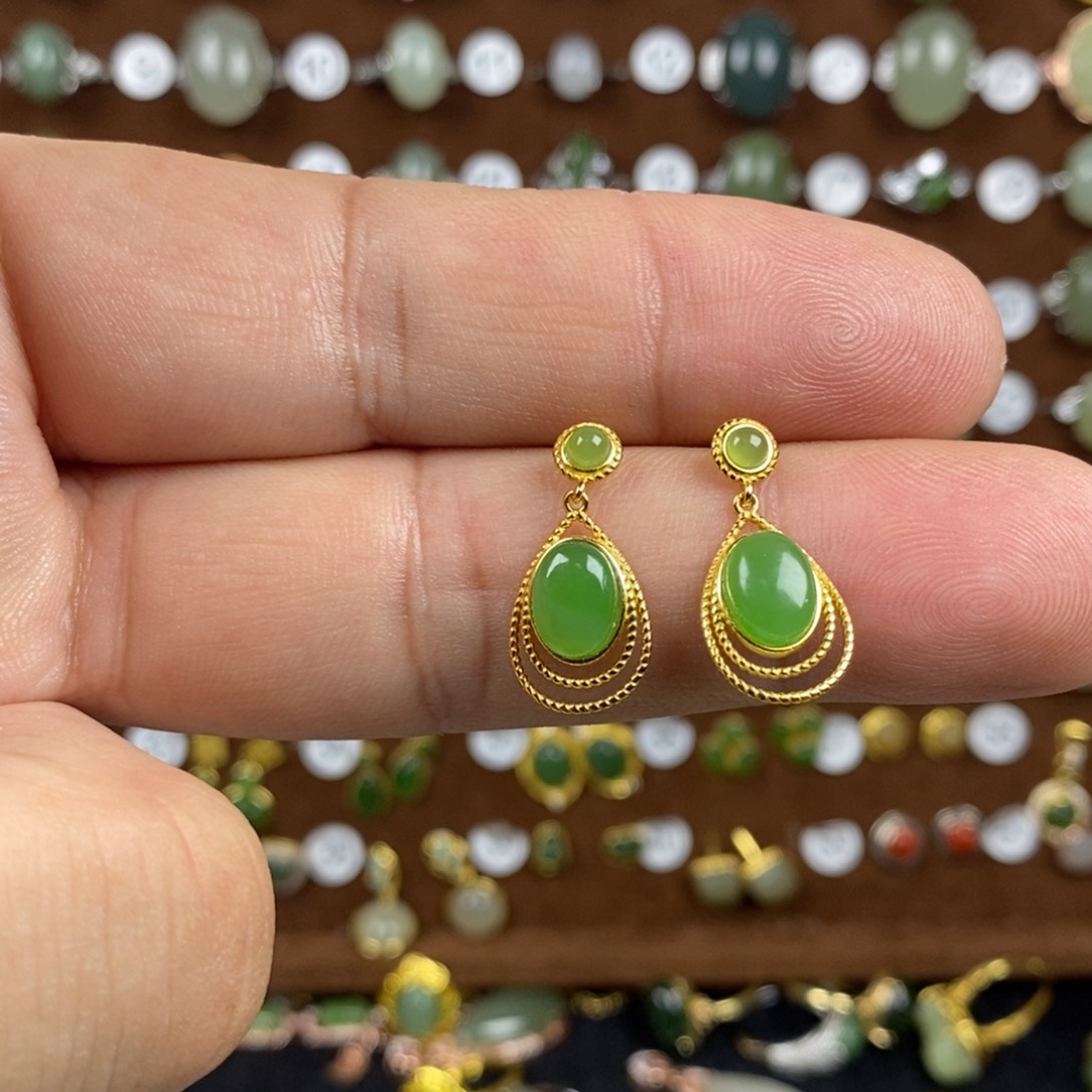 和田玉（碧玉）戒指银S925镀金镶嵌