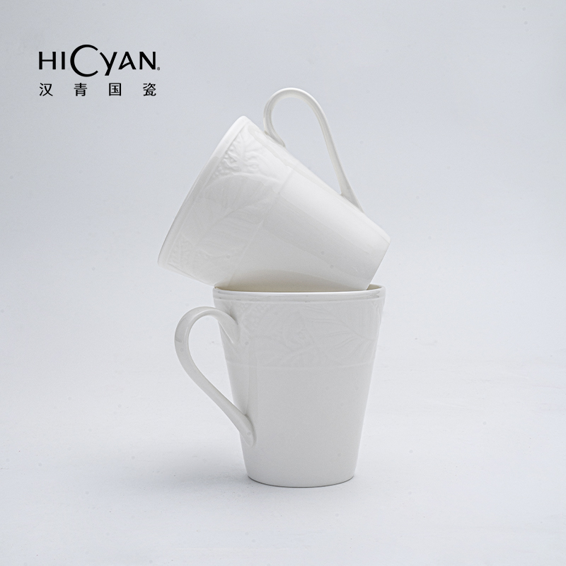 汉青国瓷「白月光」马克杯对杯礼盒 白色家用 水杯简约浮雕创意