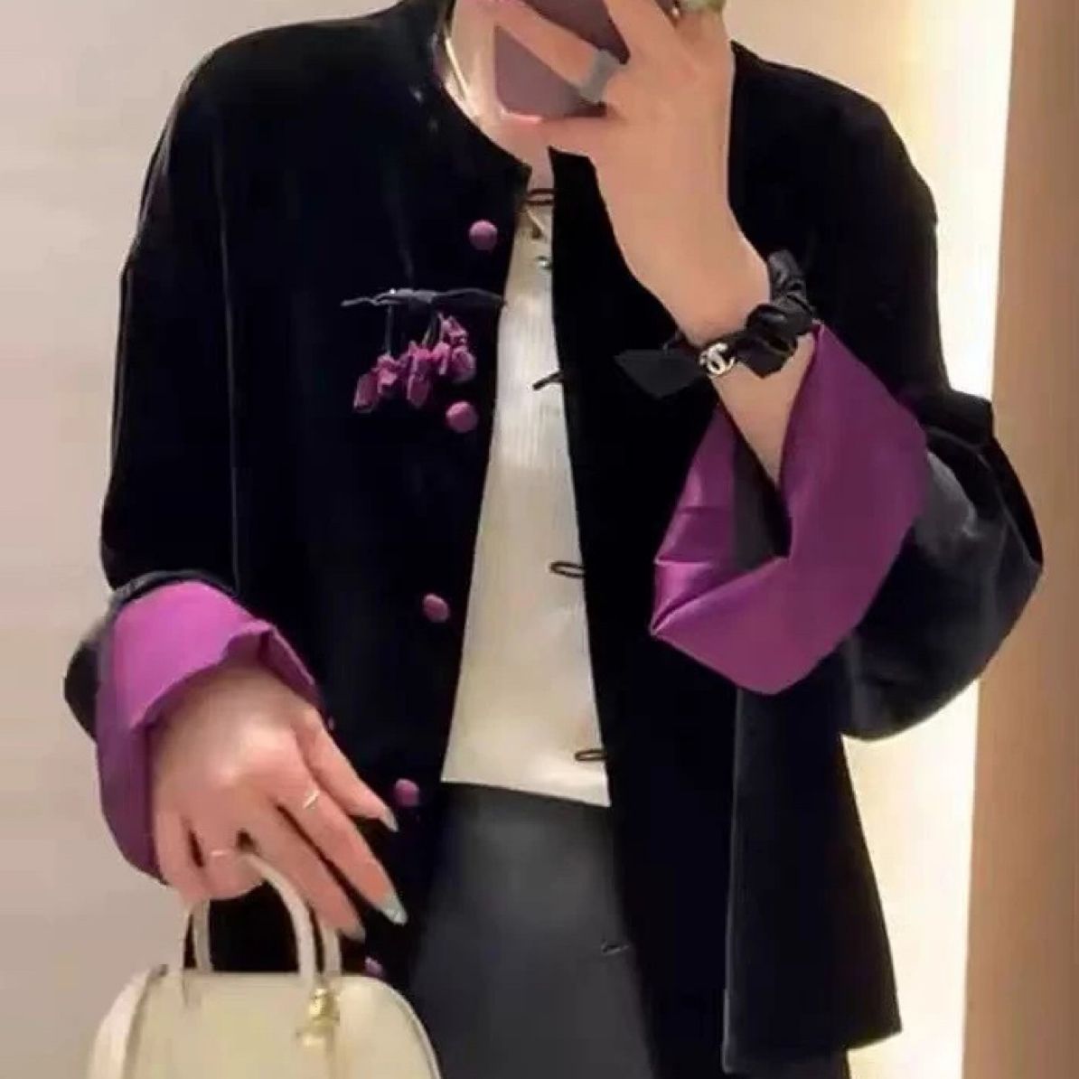 秋冬拼接袖女士圆领色真丝丝绒长袖外套