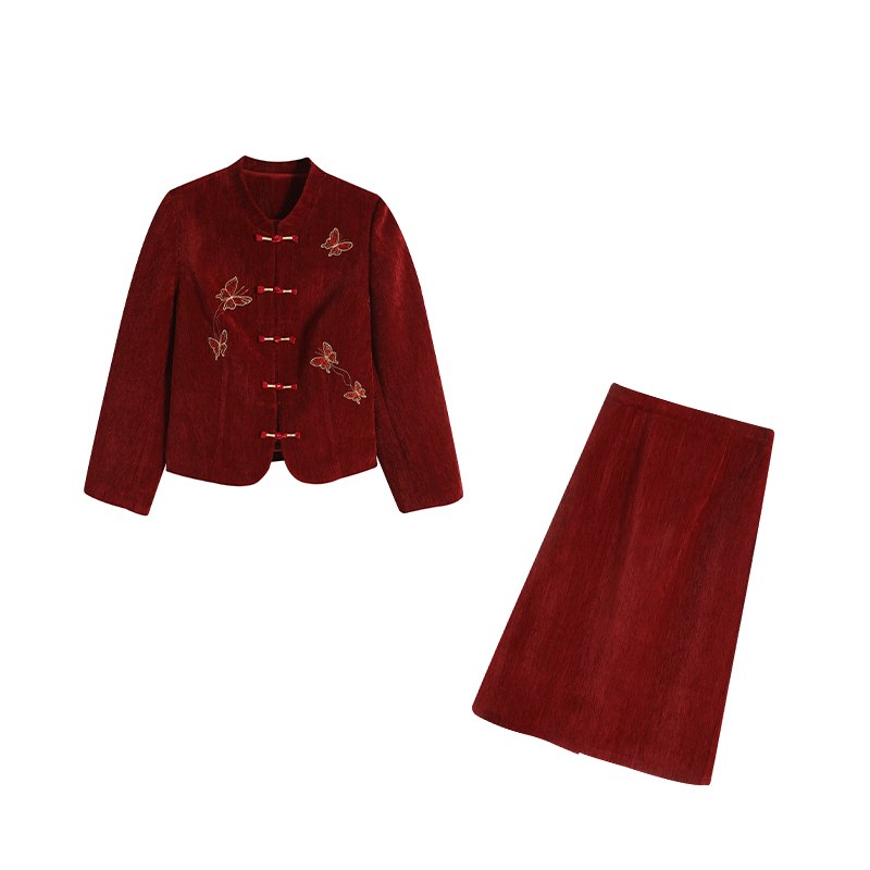 周周-五季家大码女装冬季大方刺绣蝴蝶显瘦红色套装ZL112021秋冬
