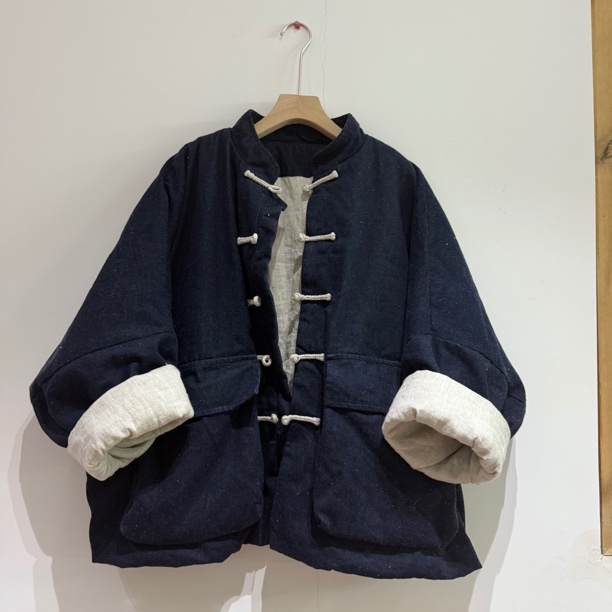 二囍古朴251020 牛仔麻点子沙工艺经典版工装口袋羊绒絮片上衣