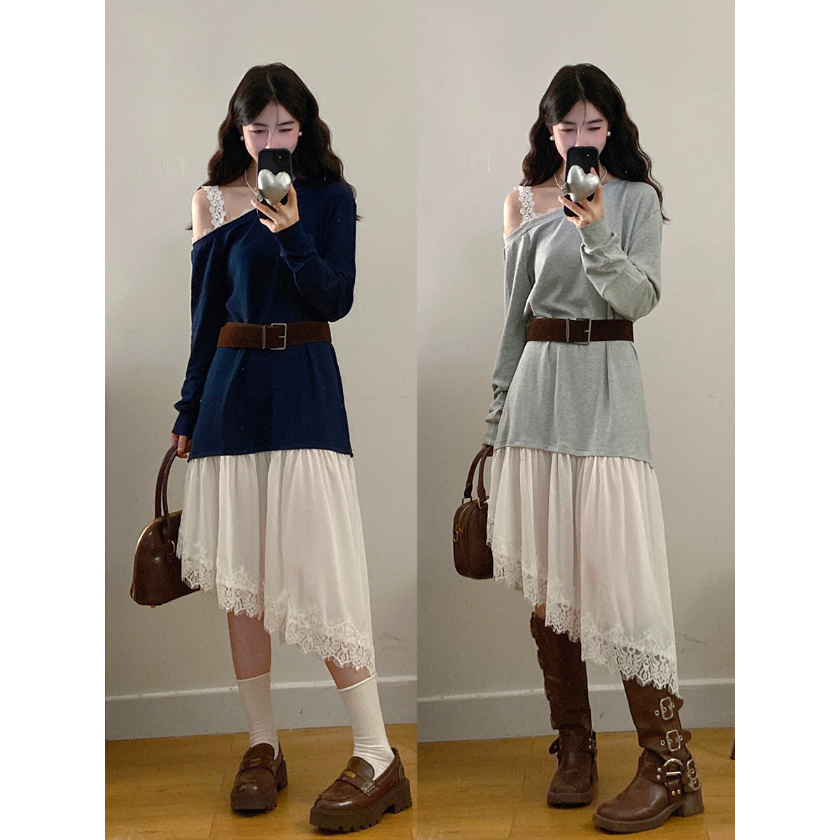 大码女装秋季松弛设计感斜肩卫衣拼接不规则蕾丝下摆连衣裙