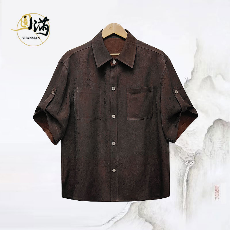 [圆满香云纱]桑蚕丝杭罗丝麻红古铜暗花翻领衬衫CS5425HS