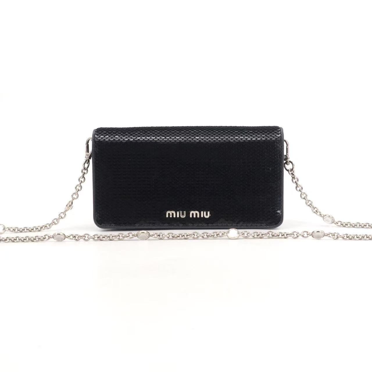 95新 MIU MIU/缪缪 GGS缪缪水钻链条黑银亮片单肩包61274545