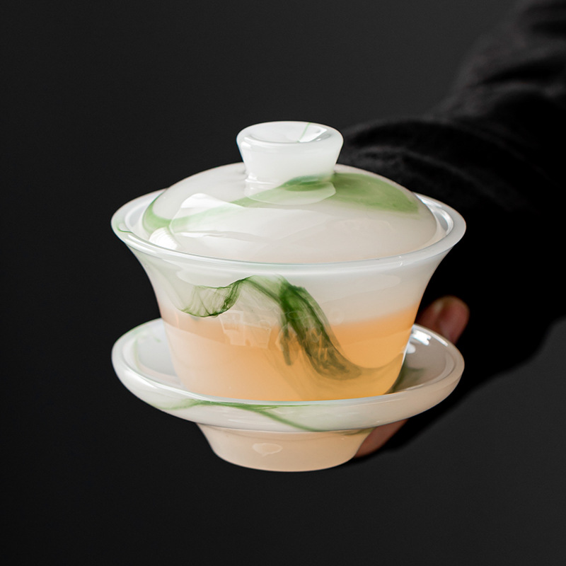 琉璃盖碗浅绿茶具套装高档手工茶具套装家用客厅功夫泡茶大茶海
