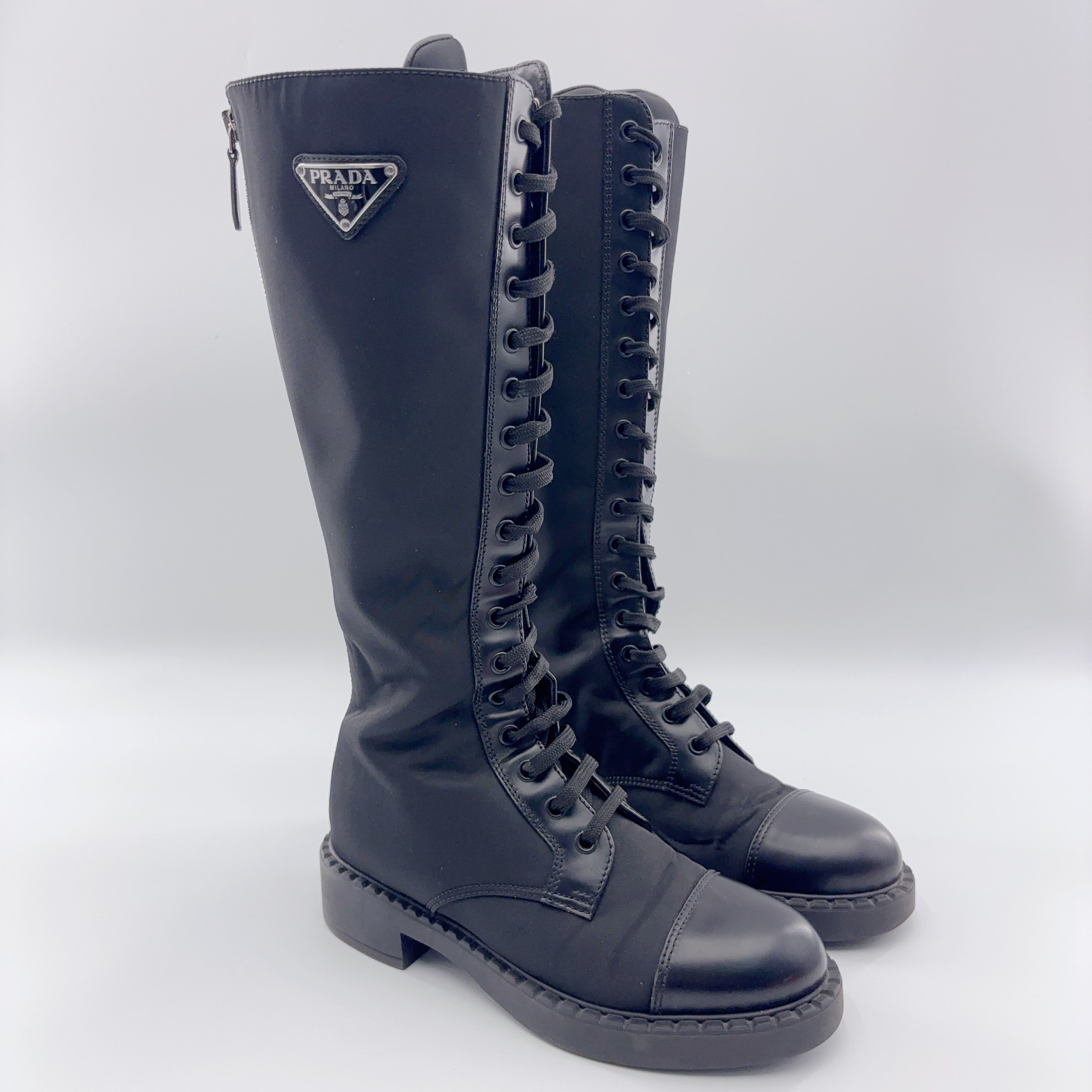 95新 Prada/普拉达 35码/尼龙三角骑士标长筒靴/01827