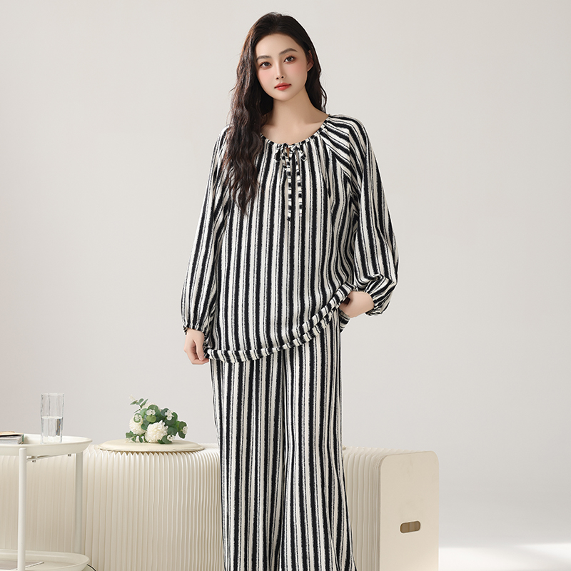 夏季女士系带爆款蝙蝠衫睡衣套装2025年新款条纹休闲家居服两件套