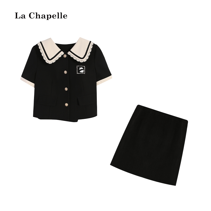 拉夏贝尔Homme/【智秀日记】夏季翻领黑色海军减龄套装LA5ZL107224