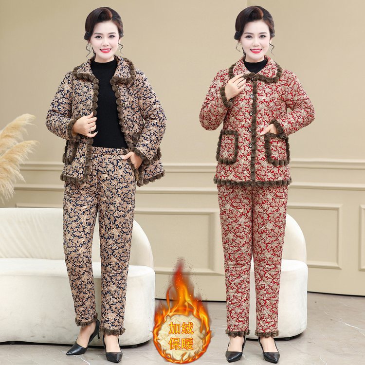 冬季新款时尚翻领减龄花色加绒加厚中老年妈妈装套装
