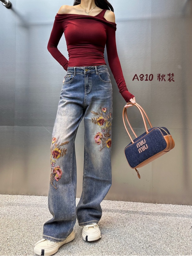 超然810新款潮流高腰刺绣阔脚直筒牛仔裤女宽松拖地长裤