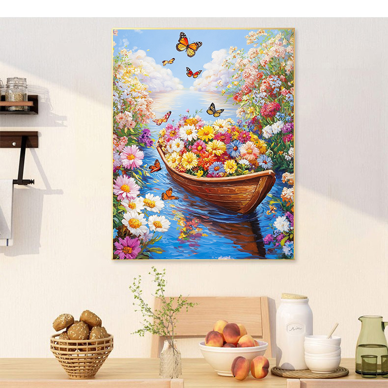 花舟蝶迹十字绣白布大格四股线65*85cm，50色满绣无勾边